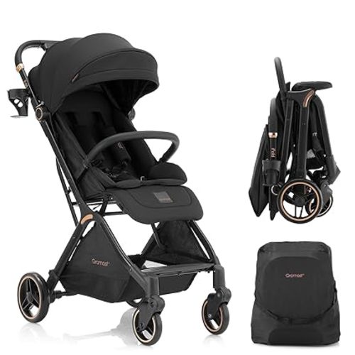 Gromast Gravity Folding Baby Stroller - Portable Travel Toddler Stroller w/Adjustable Backrest, Canopy & Cup Holder, Lightweight and UV Protected, One-Hand Automatic Folding - Black