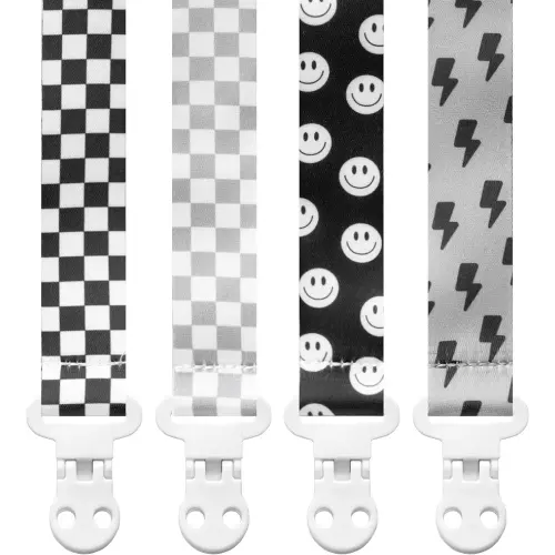 Baby Pacifier Clip Holder - Boy and Girl Unisex 4 Pack Gift Set – Neutral Retro Checker Smiley Bolts Black Gray