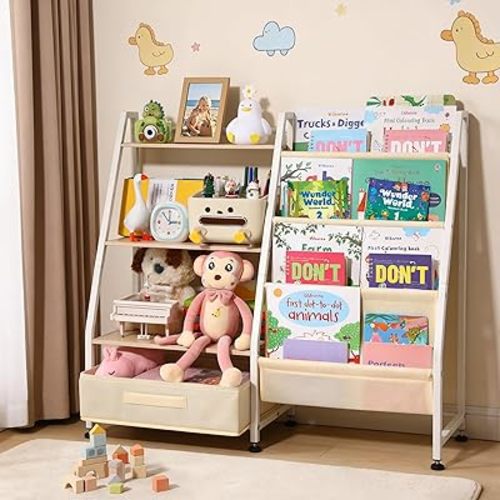Kids Bookshelf and Toy Storage-Book Shelf for Kids Rooms，Toddler Bookshelf Baby Bookcase with 4 Sling Shelves & Fabric Toy Chest Toy Organizer for Playrooms, Bedrooms, Nursery