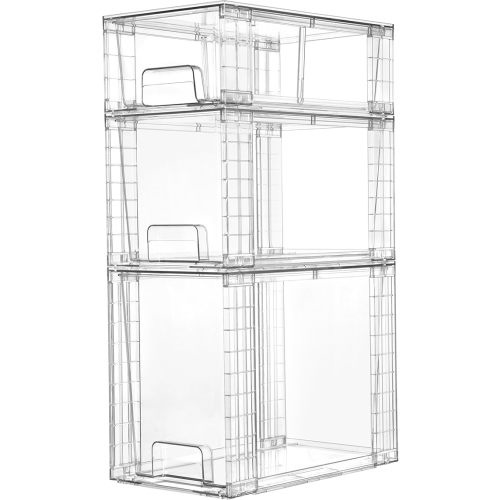 Vtopmart 3 Pack Clear Stackable Storage Drawers,Easy to Assemble Bathroom Organizers and Storage with handles,Plastic Drawers for Kitchen Pantry,Cabinet,Under Sink Organization