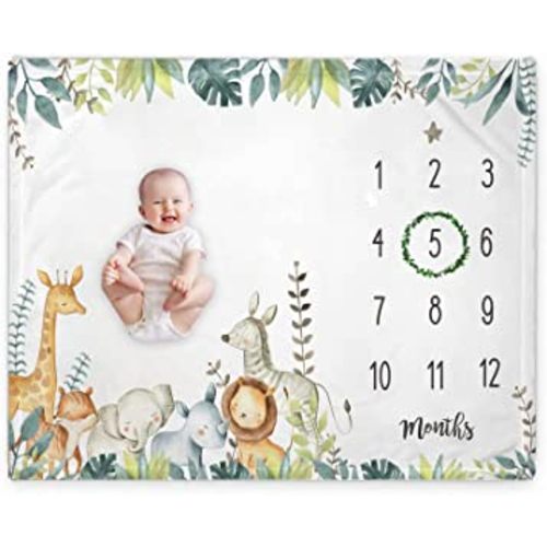 Popfavors, Yuzioey Safari Baby Monthly Milestone Blanket, Jungle Animals Baby Month Blanket , Baby Boy Blanket Growth Chart Nursery Decor, Includes Marker, White, 50Inx40In