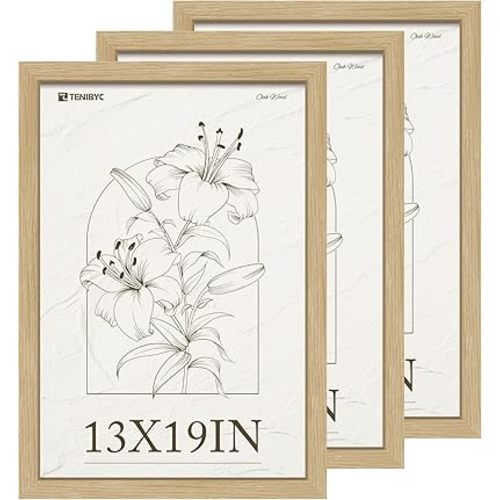 13x19 Picture Frame 3 Pack, Natural Oak Wood Grain & HD Tempered Glass, Gallery Poster Frame - Wall Hanging