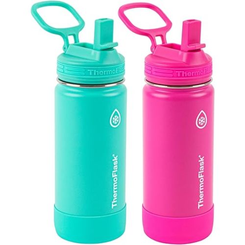 ThermoFlask Kids Bottle with Straw Lid - Durable & Dishwasher-Safe Water Bottles & Lids - Leak-Proof Bottle Lid Design - Reusable Water Bottles for Everyday Use - 16 oz, Aquamarine/Storm Pink (2 Pack)