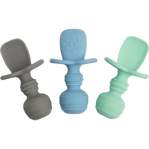 Upward Baby Spoons 3 Pack - Self Feeding 6 Months - Chewable Toddler Utensils with Anti Choke Barrier - Silicone First Stage Infant Feeding Supplies