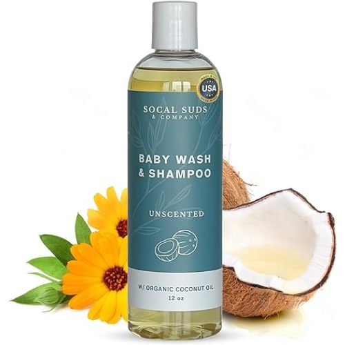 SoCal Suds & Company Baby Shampoo & Body Wash, 2-in-1 Organic Gel - Gentle Castile Soap with Vitamin-Infused Oils & Botanicals for Sensitive Skin & Body Hypoallergenic - 12oz Fragrance Free