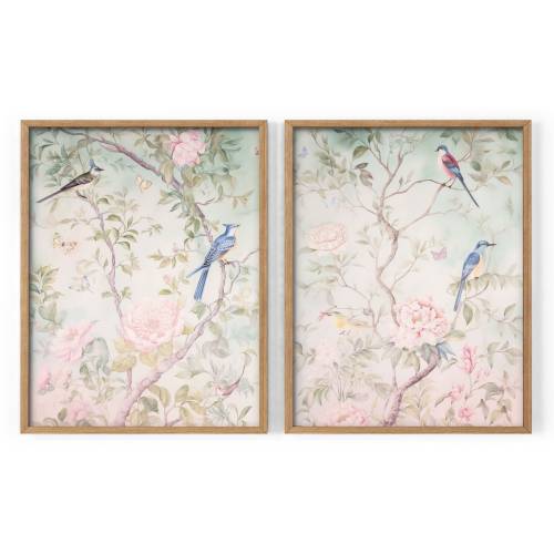 Set of 2 Chinoiserie flower prints Girl's room Delicate floral theme Vintage Chinese art Watercolor painting Soft green blue and pink 3