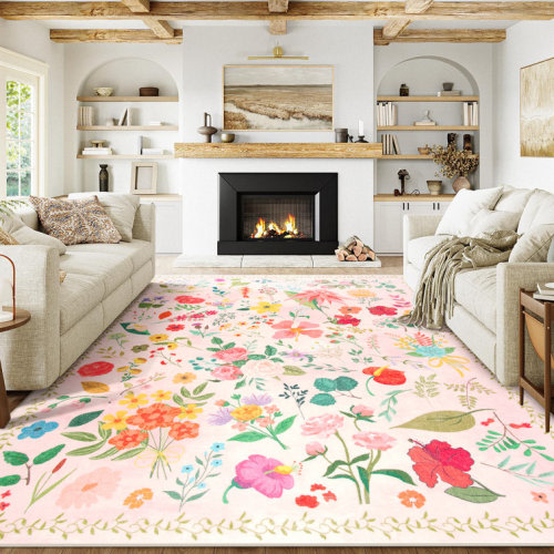Groner Large Flower Living Room Rug Washable Bedroom Rug Non-Slip Colorful Vintage Accent Floor Carpet For Home Decor