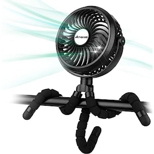 AMACOOL Battery Operated Stroller Fan Flexible Tripod Clip On Fan with 3 Speeds and Rotatable Handheld Personal Fan for Car Seat Crib Bike Treadmill (Black)