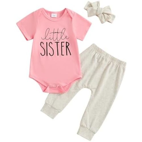 Newborn Baby Girl Outfits Little Sister Coming Home Outfit Lil Sis Romper Tops Pants Headband 3Pcs Summer Clothes