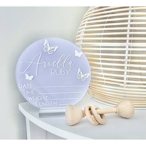Acrylic Birth Announcement Sign Baby Stats Sign Custom Baby Arrival Sign Baby Name Disc Butterfly Name Sign Newborn Hospital Photo Prop