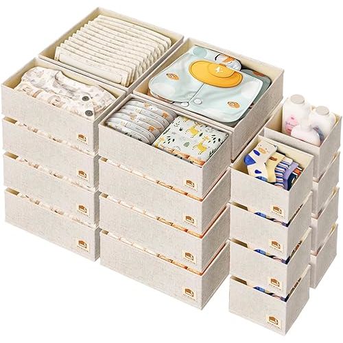 Linen Drawer Organizers for Nursery, Dresser & Closet (24-Pack) – Sturdy, Collapsible Nursery & Dresser Dividers for Baby Clothes, Socks, Underwear & Essentials – Multi-Size Set, Beige