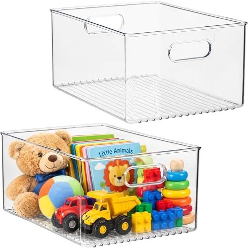 primebox 4 Pack Clear Plastic Organizer Bins with Handles for Home Organization. Storage Containers for Organizing Fridge, Freezer, Cabinet. Pantry, Great for Kitchen, Garage, Laundry Room. 10"x8"x5"