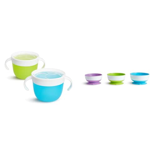 Munchkin® Snack™ Catcher Toddler Snack Cups, 2 Pack, Blue/Green & Stay Put™ Suction Bowls for Babies and Toddlers, 3 Pack, Blue/Green/Purple