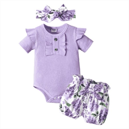 PatPat Baby Girl Outfit Set with Ruffle Sleeve Bodysuit and Flower Print Shorts Gift for Easter 3-6 Months