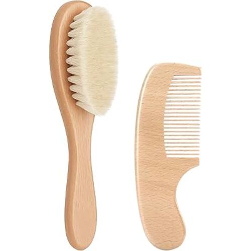 Baby Hair Brush and Comb Set, Natural Wooden Soft Goat Bristles Brush for Newborns & Toddlers, Cradle Cap Care, Baby Registry Gift
