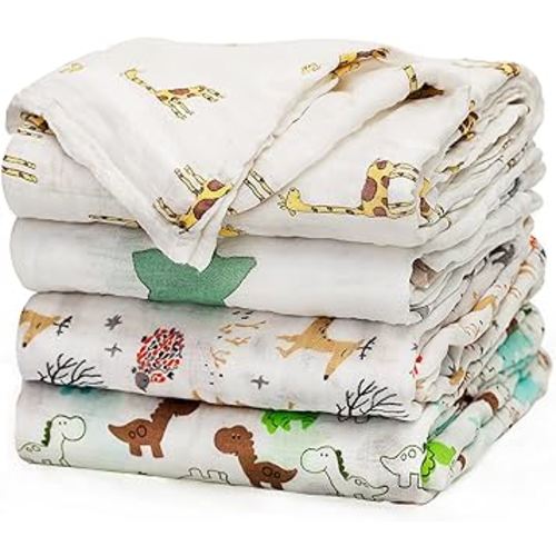 upsimples Baby Swaddle Blanket Unisex Swaddle Wrap Soft Silky Muslin Swaddle Blankets Neutral Receiving Blanket for Boys and Girls, 47 x 47 inches, Set of 4 - Fox/Elephant/Giraffe/Dinosaur