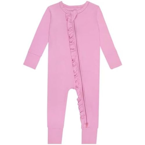 GUISBY Rayon Baby Long Sleeve Footless Rompers, 2 Way Zipper with Ruffle Sleepers 0-24 Months