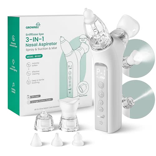 GROWNSY SniffEase 3-in-1 Baby Nasal Aspirator – Spray, Suction & Mist, Grey | Hospital-Grade Nose Suction Clears Fast, Soothing Light & Music, Large Chamber Cuts Frequent Emptying, Easy to Clean