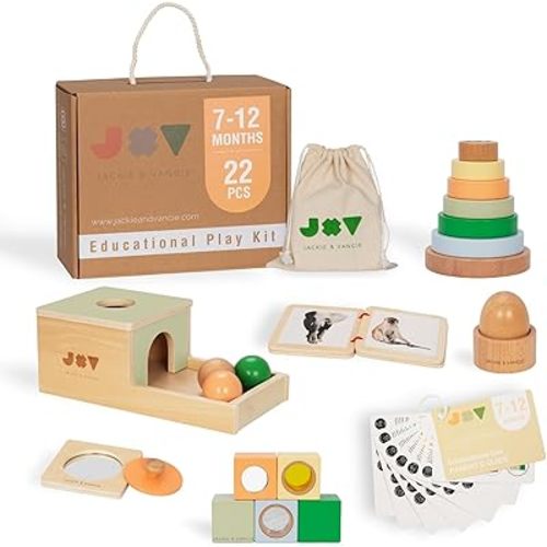 Jackie & Vancie All-Wooden Educational Toys for 1 Year Old, 6 in 1 Learning Educational Set with Object Permanence, Rainbow Stacker, Mirror Puzzle, Sensory Blocks, Egg & Cup and Wooden Book
