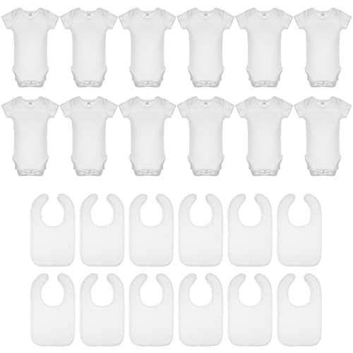 Hillban 24 Pcs Unisex Cotton Short Sleeve Bodysuits Baby Bibs Set for Baby Shower