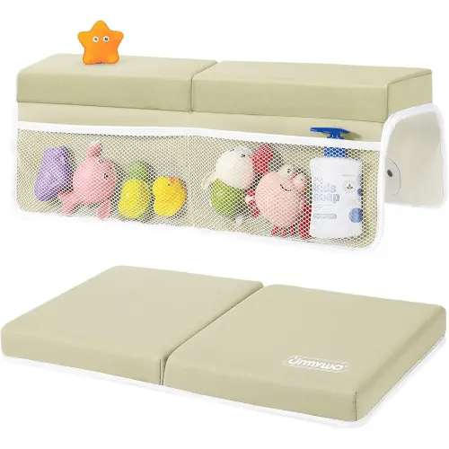 URMYWO Bath Kneeler and Elbow Rest Pad Set - 1.5" Thick Baby Bath Kneeler Pads with Toys Organizer, Anti-Slip Cozy Knee & Arm Support Bathtub Mat, Quick Dry Kneeling Pad for Baby Bath Time