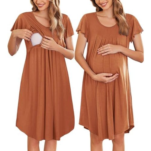 Ekouaer Nursing Nightown Labor and Delivery Gown for Hospital Pleated Breastfeeding Dress Short Sleeve Maternity Sleepwear