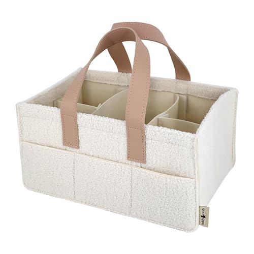 Teddy Sherpa Diaper Caddy - Beige Baby Nursery Organizer for Diapers and Baby Essentials, Neutral Nursery, Baby Registry Must Have, Portable Diaper Storage Basket