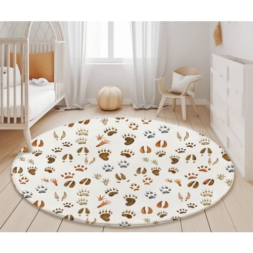 Round Animal Tracks Woodland Area Rug, Baby room rug, bear, fox, deer, buck tracks nursery rug, woodland theme baby Nursery rug, baby carpet