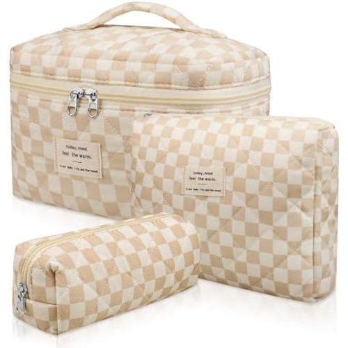3pc Makeup Bag Set, Quilted Makeup Bag Set, Large Floral Cosmetic Bag for Women, Cute Cotton Makeup Bags, Flower Travel Toiletry Organizer Bag (Checkered)