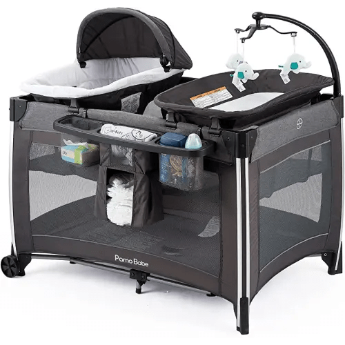Pamo Babe 4 in 1 Portable Baby Crib Deluxe Nursery Center, Foldable Travel Playard with Bassinet, Mattress, Changing Table for Newborn, Infant, Toddler(Grey)
