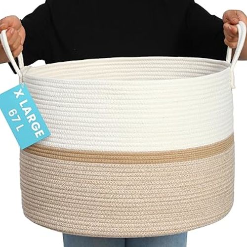 OrganiHaus Large Woven Storage Basket for Blankets and Toys 20" x 13" Inch, Rope Laundry Basket with Handles, Cushions & Pillows Storage Bin, Nursery Hamper, Soft Round Dog Toy Bin - Honey Stripe