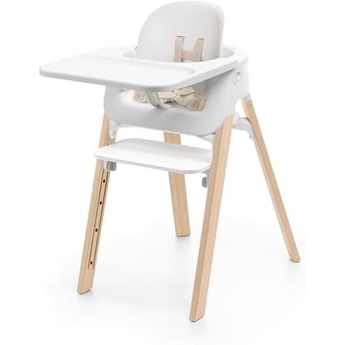 Stokke Steps High Chair for Babies & Children from 6 Months to 10 Years – 2-in-1 Adjustable & Ergonomic Design – Removable Baby Set, Tray & Safety Harness – 18.9 x 24.4 x 34.7 – White/Natural