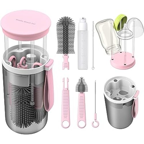 Baby Essential Travel Bottle Cleaner Kit with Silicone Bottle Brush,Built-in Snap-on Drying Rack,Silicone Nipple-Shaped Brush,2 Straw Brushes,Bottle Soap Dispenser,Bottle Warmer Bowl.(Pink)