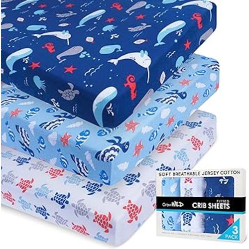 Fitted Crib Sheets 3 Pack by GROW WILD - Soft Jersey Cotton Toddler Sheet | Baby Crib Bedding Set for Boys | Crib Mattress Sheets and Boys Toddler Bed Sheets | Ocean Blue Crib Sheets Whale Turtle