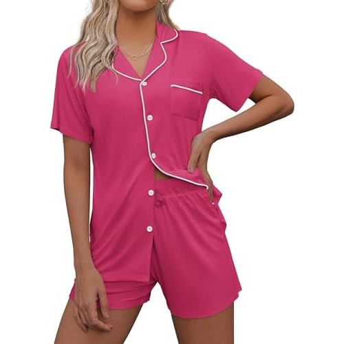 Ekouaer Pajamas Set for Women Short Sleeve Sleepwear Summer Button Down Nightwear Soft Pjs Lounge Set