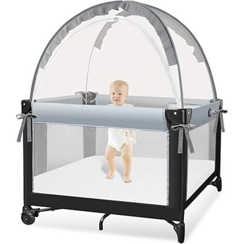 Pack N Play Tent - Mini Crib Tent to Keep Baby from Climbing Out - Crib Net to Keep Baby in - Pop Up Breathable Cribs Cover - Canopy with Upgrade Strong Mesh and Durable Zipper (Gray, Small)