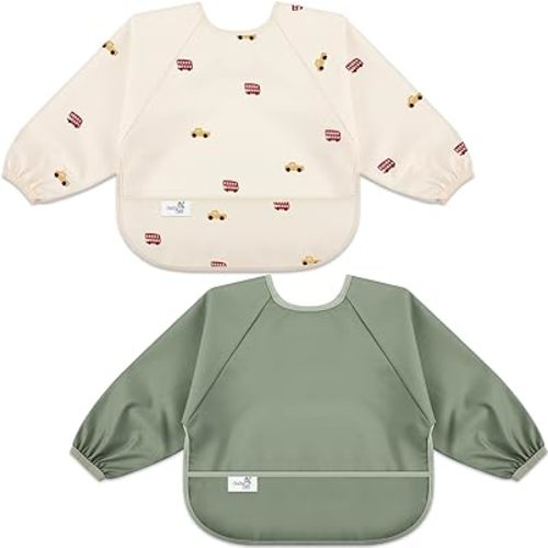Lot de 2 bavoirs à manches longues pour bébé, tissu imperméable, couverture complète avec poche fourre-tout, 6-24 mois