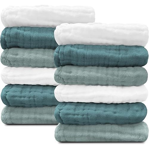 Sunny zzzZZ Baby Muslin Washcloths -100% Cotton Muslin Soft Baby Bath Wash Cloths and Absorbent Burp Cloths for Newborns Kids Girls and Boys -12 Pack, 12x12 Inches - White+Light Emerald Series