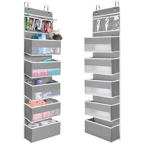 NesTidy Over The Door Organizer Storage 6 Layers, Wall Mount Hanging Organizer with 5 Large Pocket Organizers and 3 Small Pockets for Baby Essentials, Toys, Cosmetics, and Sundries (Grey, 1 Pack)