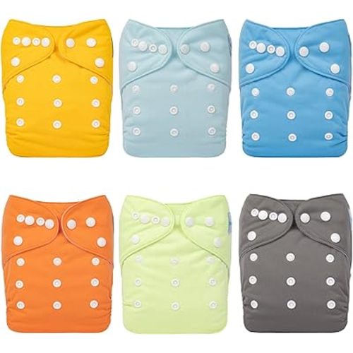 babygoal Reusable Cloth Diapers 6 Pack+6pcs Rayon from Bamboo Inserts+Wet Bag, One Size Adjustable Washable Pocket Nappy Covers for Baby Boys 6FB42