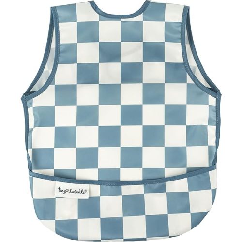 Tiny Twinkle Mess Proof Baby Bib - Waterproof & Lightweight Baby-Led Weaning Apron | 100% Recycled Polyester, Easy Clean & Machine Washable (Blue Checkers, Small 6-24 Months)