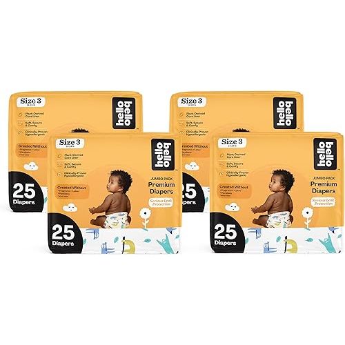 Hello Bello Premium Baby Diapers Size 3 I 25 Count of Disposable, Extra-Absorbent, Hypoallergenic Baby Diapers with Snug and Comfort Fit I Sleepy Sloth (Pack of 4)