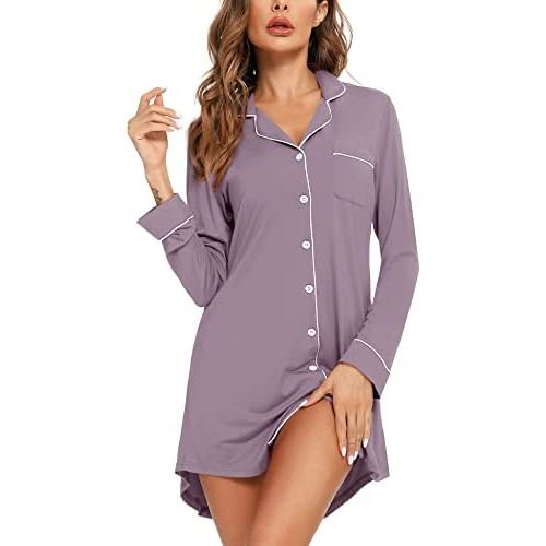 Senert Nightgown for Women Sleep Shirt Short Long Sleeve Sleepwear Boyfriend Nightshirt Button Down Pajama Dress S-XXL