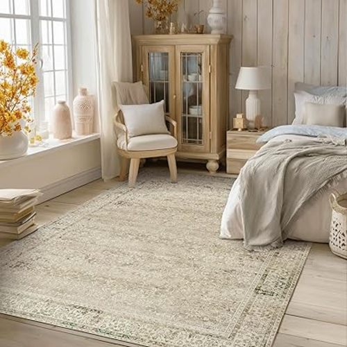 Modern Farmhouse Area Rug 5 x7 Washable Floral Earth Tone Neutral Boho Nursery Rug 5x7 for Baby Boy Bedroom,Tan Brown and Cream Beige