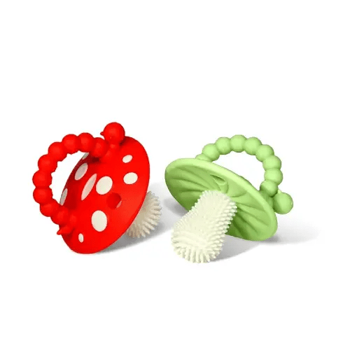 RaZbaby Chompy Teether – Soft Silicone Teething Toy for Infants & Babies 3M+, Massaging Bristles for Teething Relief, Hands-Free & Easy to Hold, Sensory Development, BPA-Free - Great Gift - Red/Green