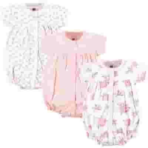 Hudson Baby Infant Girl Cotton Rompers 3pk, Pink Floral, 3-6 Months