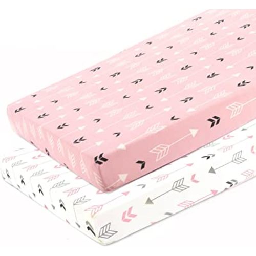 Stretchy Fitted Pack n Play Playard Sheet Set BROLEX 2 Pack Portable Mini Crib Sheets,Convertible Playard Mattress Cover,Ultra Soft Material,Pink & White Arrow Design