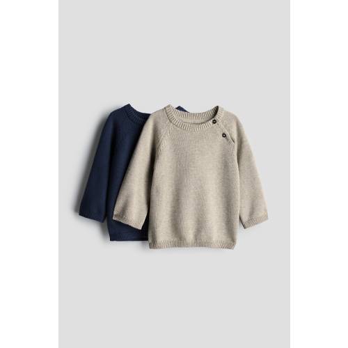 2-pack Cotton Knit Sweaters, Round Neck, Long sleeve, Dark blue/beige