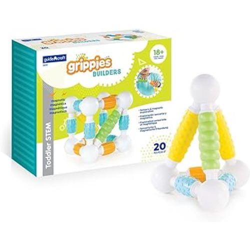 Guidecraft Grippies Builders - 20 Piece Set, Tactile STEM Soft Grip Magnetic Building Toy for Toddlers