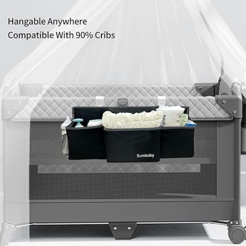surebaby Hanging Baby Diaper Caddy, 3-in-1 Diaper Caddy Organizer Holder For Baby Crib, Nursery Organization Diaper Stacker Storage For Crib, Changing Table, Car, Wall-Beige - Standard-upgraded - Black